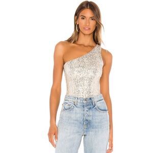 Superdown Remi One Shoulder‎ Bodysuit Size XXS White Multi Gold
